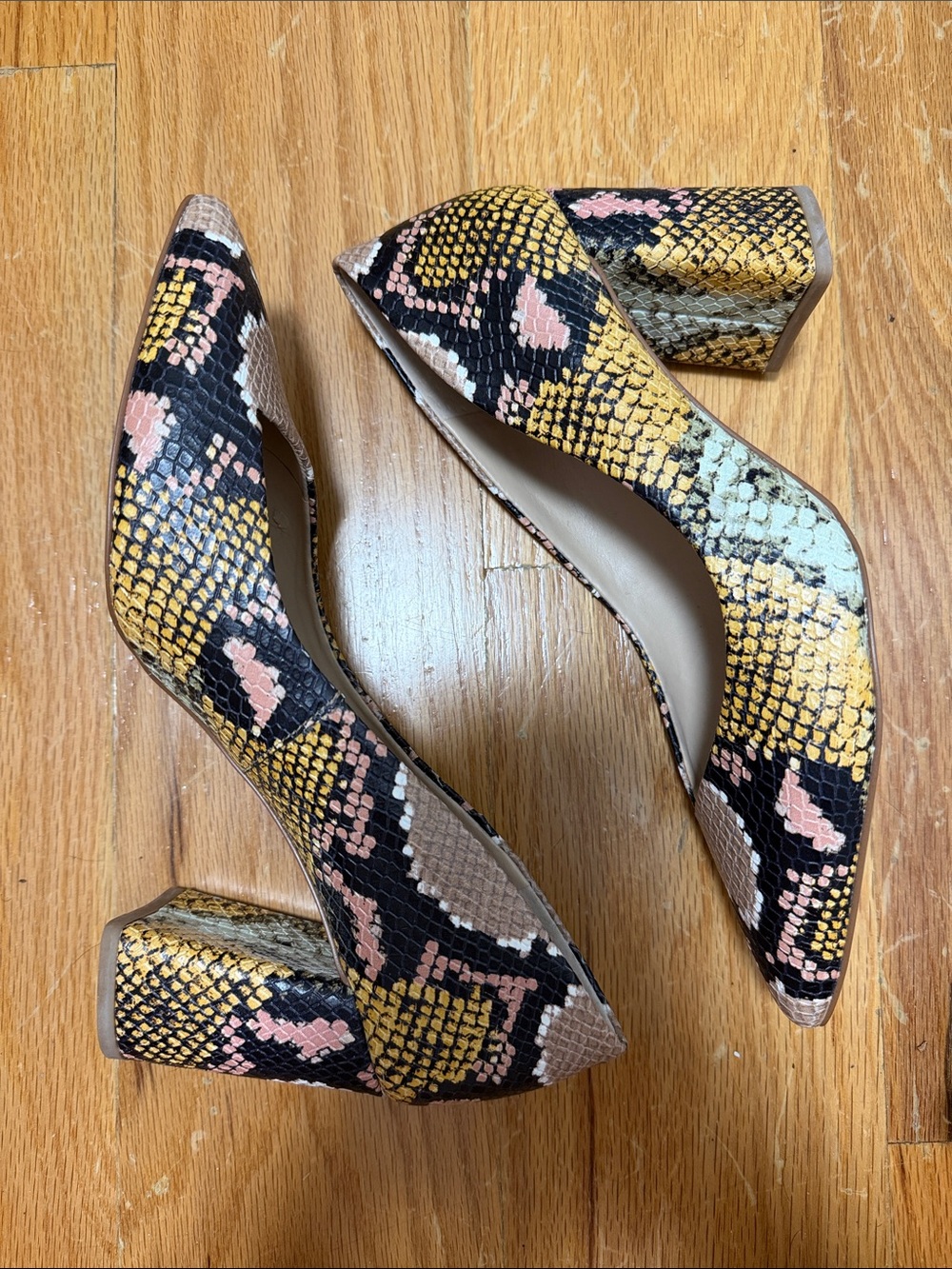 1. State Yellow Pink Black Snake-Print Pointed Block Heel Pumps
